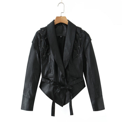 Damen Lederblazer Schnürung Modern Schwarz