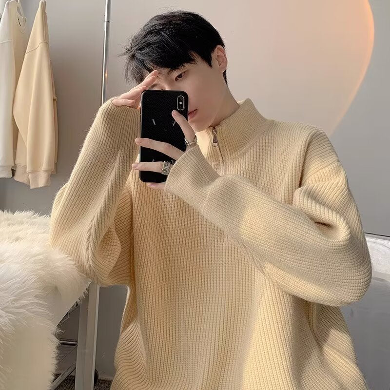 Herren Pullover Stehkragen Reißverschluss Grobstrick Modern
