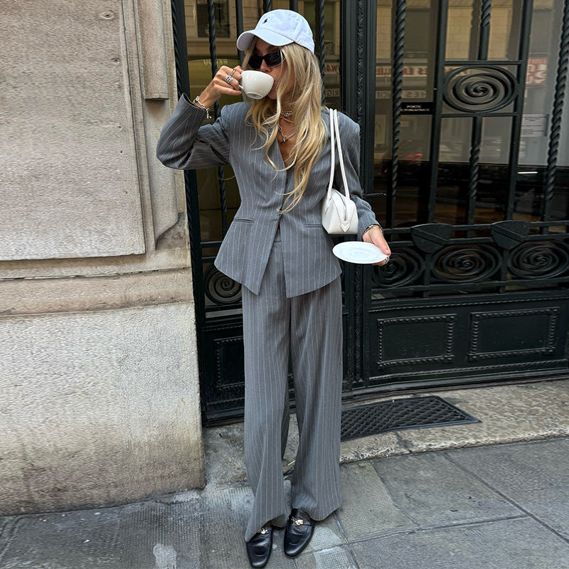 Damen Zweiteiler Anzug Streifen Elegant Schwarz