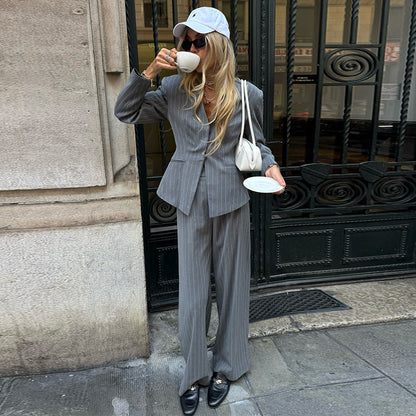 Damen Zweiteiler Anzug Streifen Elegant Schwarz