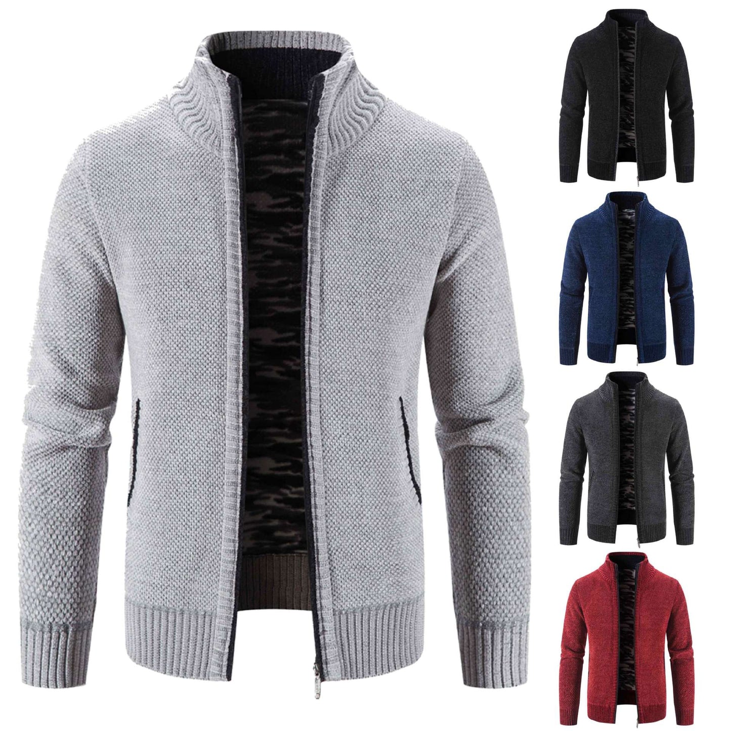 Herren Strickjacke Warm mit Kragen und Reißverschlusstaschen