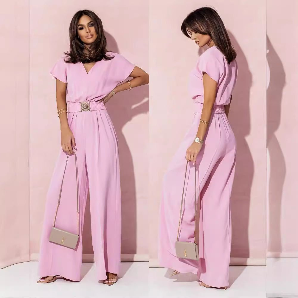 Damen Jumpsuit Weites Bein Gürtel Trendy Elegant