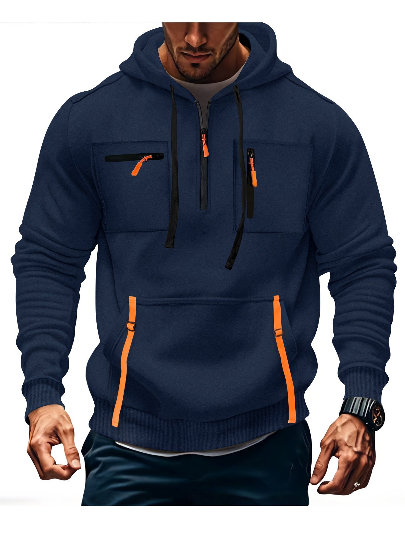 Herren Kapuzenpullover Modisch Reißverschluss Taschen Schwarz