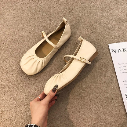 Damen Ballerinas Flach Schuhe mit Riemchen und Falten Optik