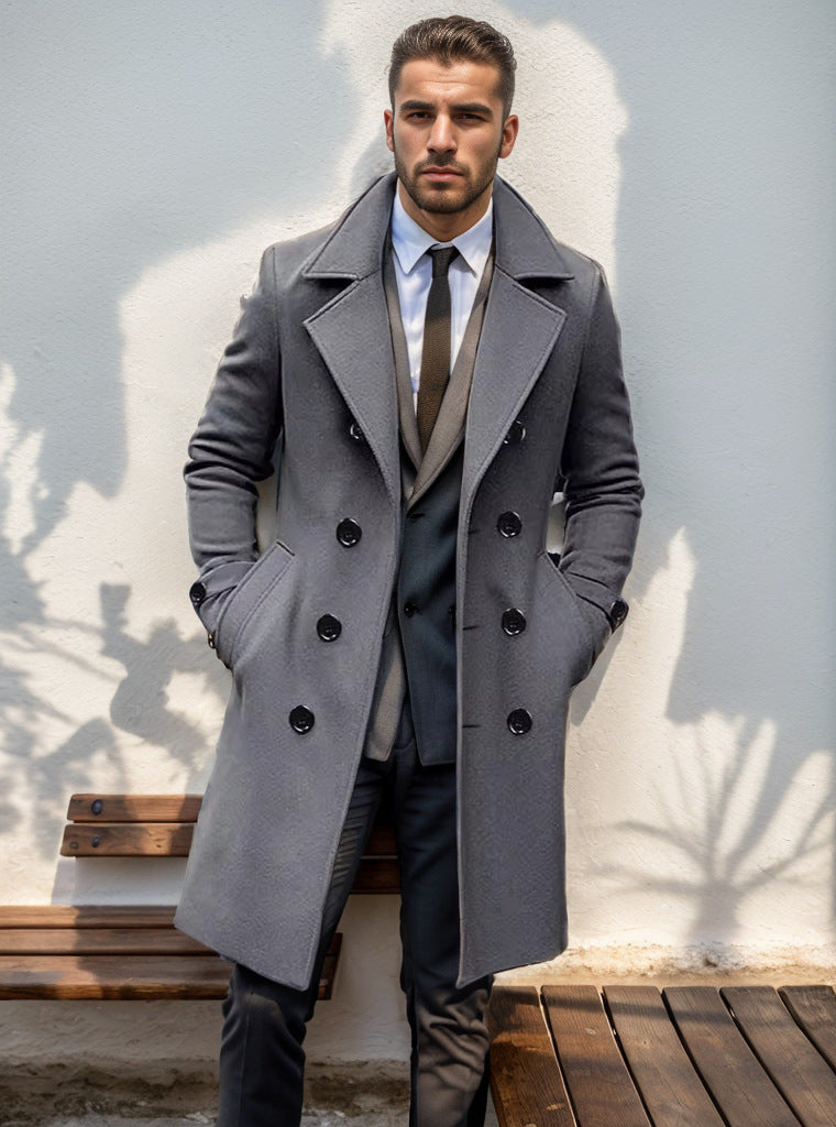 Herren Trenchcoat Eleganter Wollmantel Doppelreihig