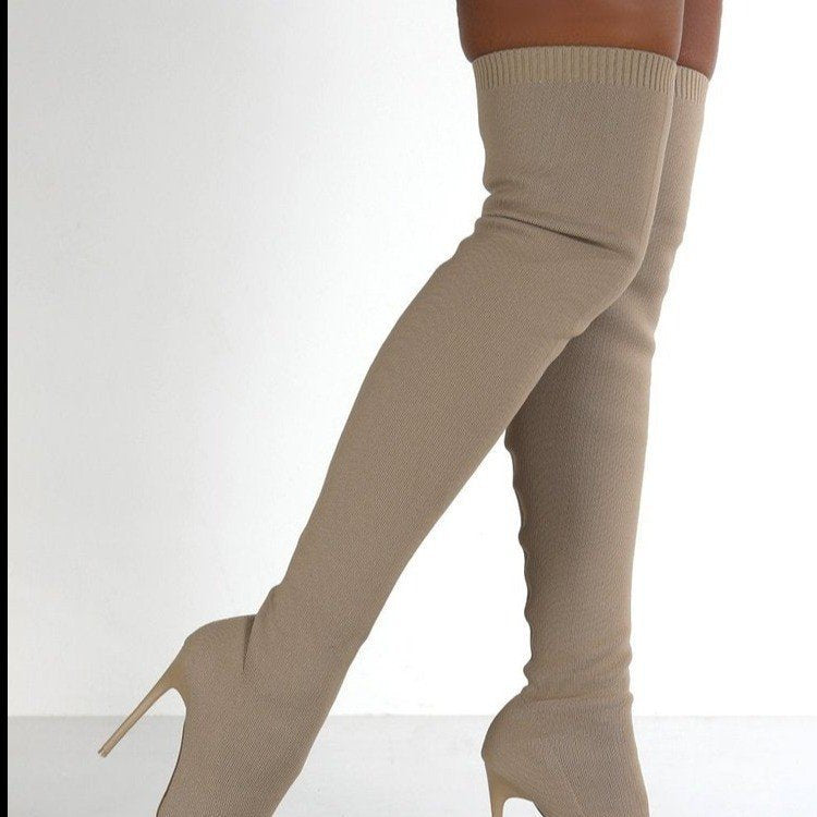 Damen Stiefel Overknee Spitz Absatz Strickdesign Elegante