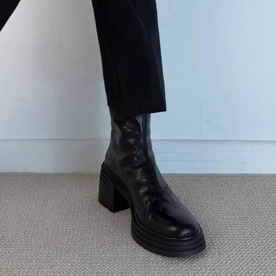 Damen Stiefeletten Leder Blockabsatz Schuhe Frauen Trend