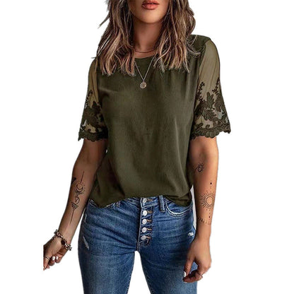Damen T-Shirt Spitze Ärmel Elegantes Oberteil Modern
