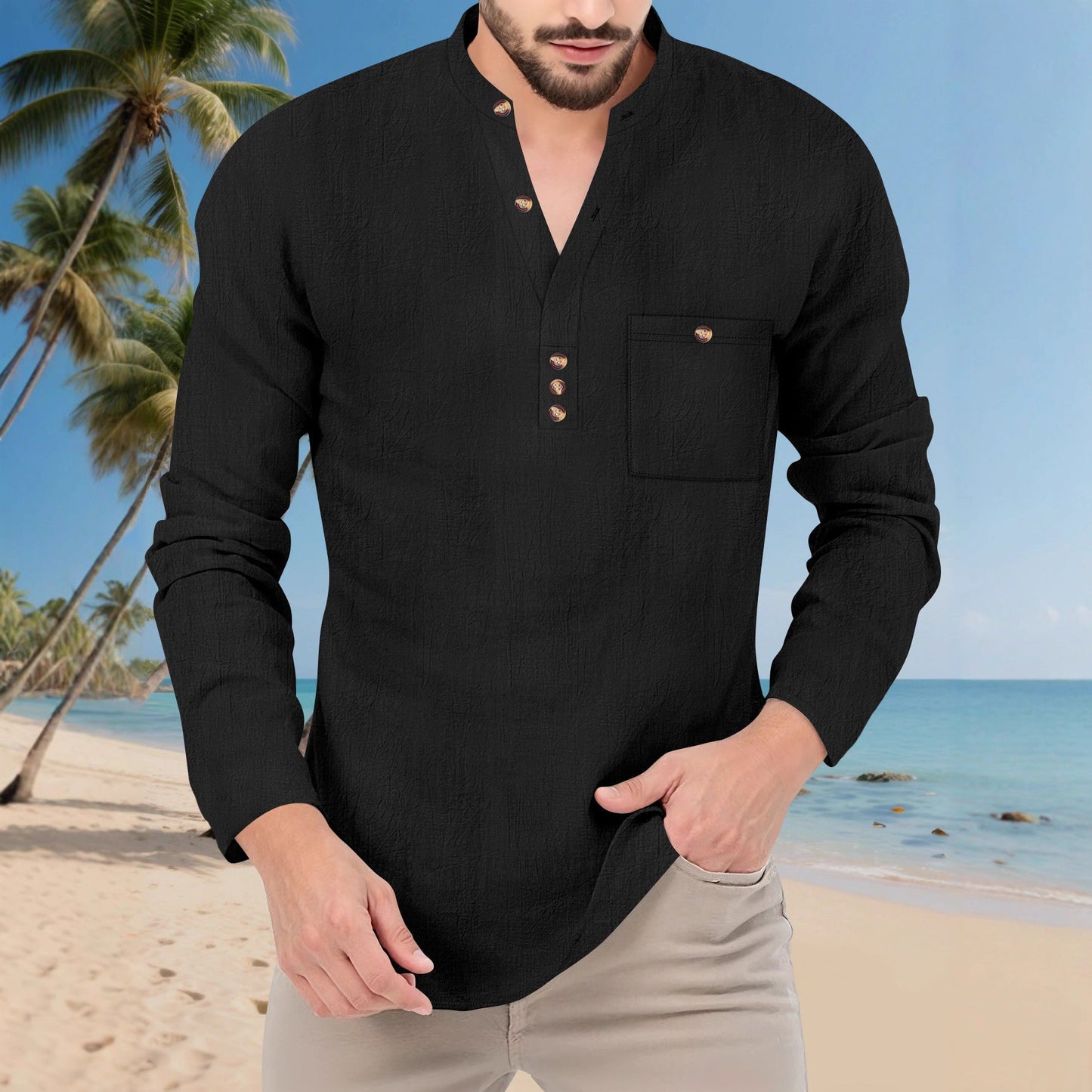 Herren Langarm Hemd Stehkragen Modern Knopfdesign