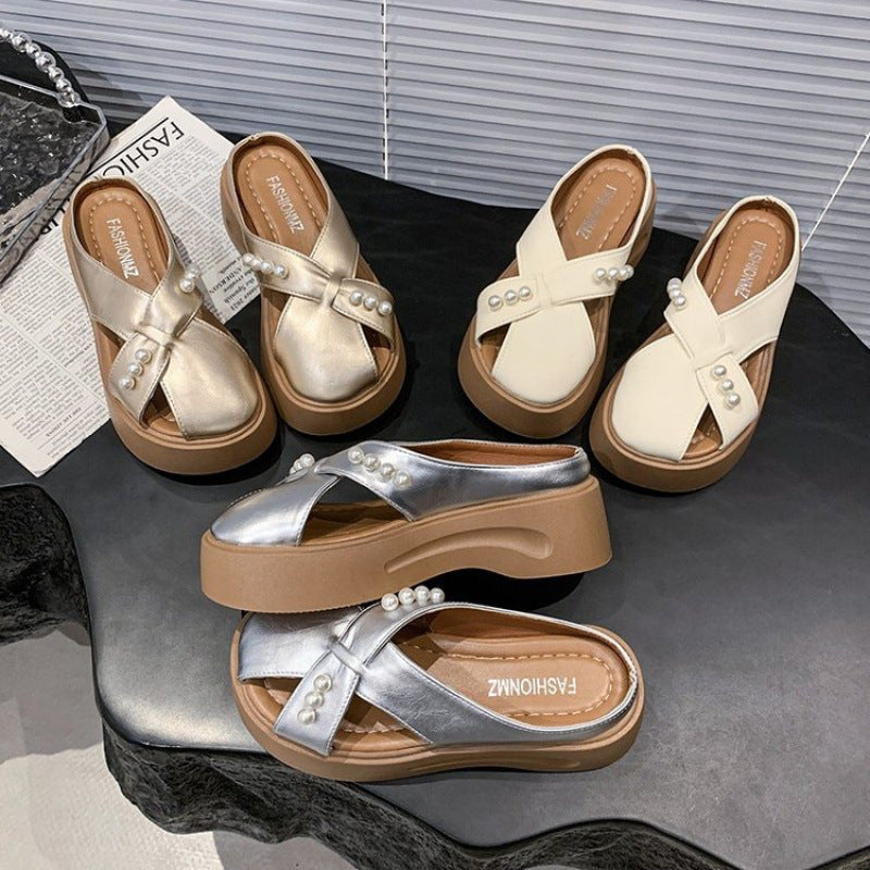 Damen Plateau Sandalen Plateauschuhe mit Perlen schwarz