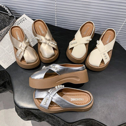 Damen Plateau Sandalen Plateauschuhe mit Perlen schwarz