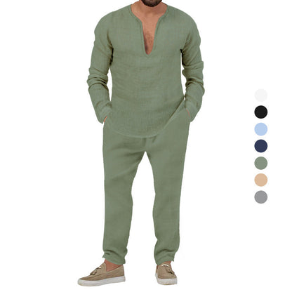 Herren Leinenanzug Set Elegantes Loungewear Stehkragen Modern