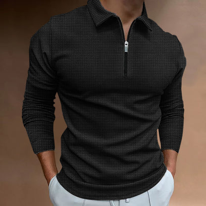 Herren Polo Langarmshirt mit Reißverschluss Modern Strukturiert