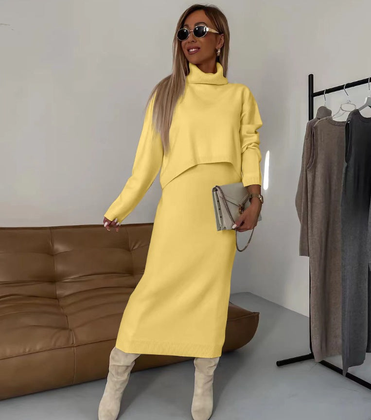 Damen Strick Zweiteiler Rollkragen Pullover und Midi Kleid