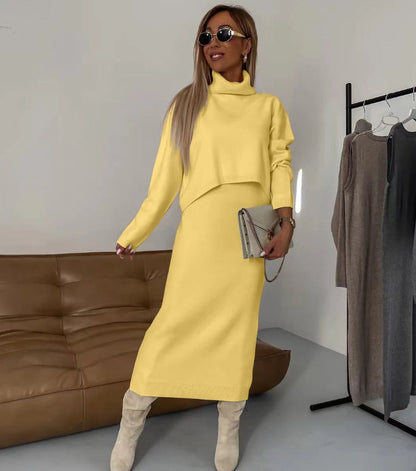 Damen Strick Zweiteiler Rollkragen Pullover und Midi Kleid