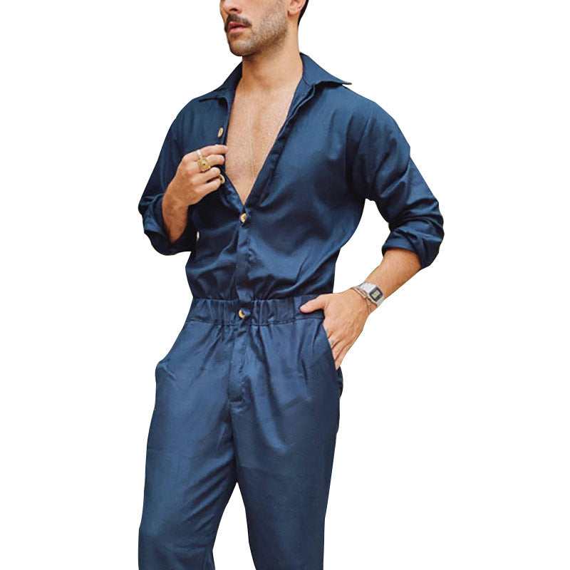 Herren Jumpsuit Elegant Modern mit Knopfleiste und Taillengurt