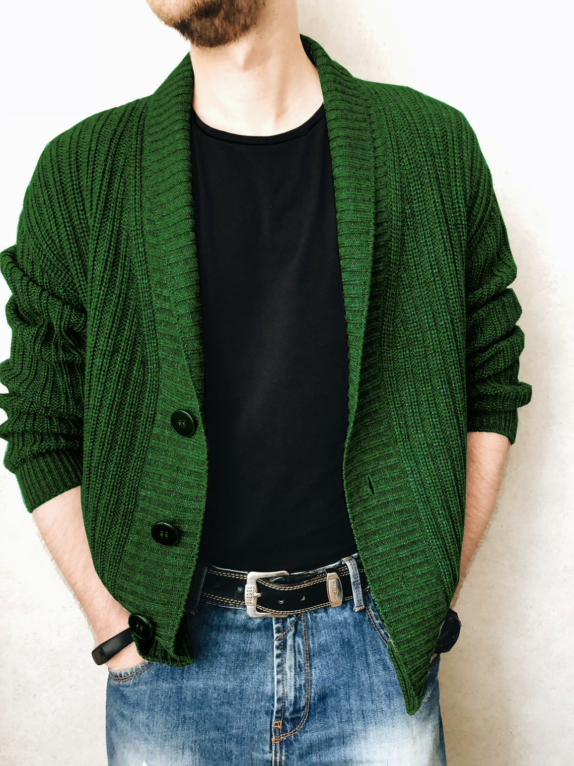 Herren Strickjacke Modern Schalkragen Knöpfe Schwarz