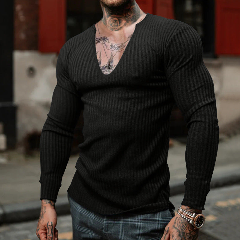 Herren Langarm-Shirt V-Ausschnitt Strukturiert Modern Trendy