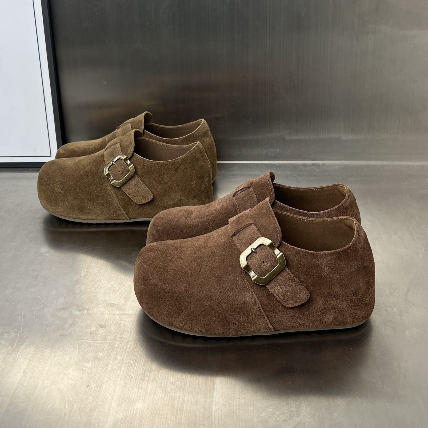 Damen Clogs Wildleder Schuhe mit Schnallenverschluss Bequem