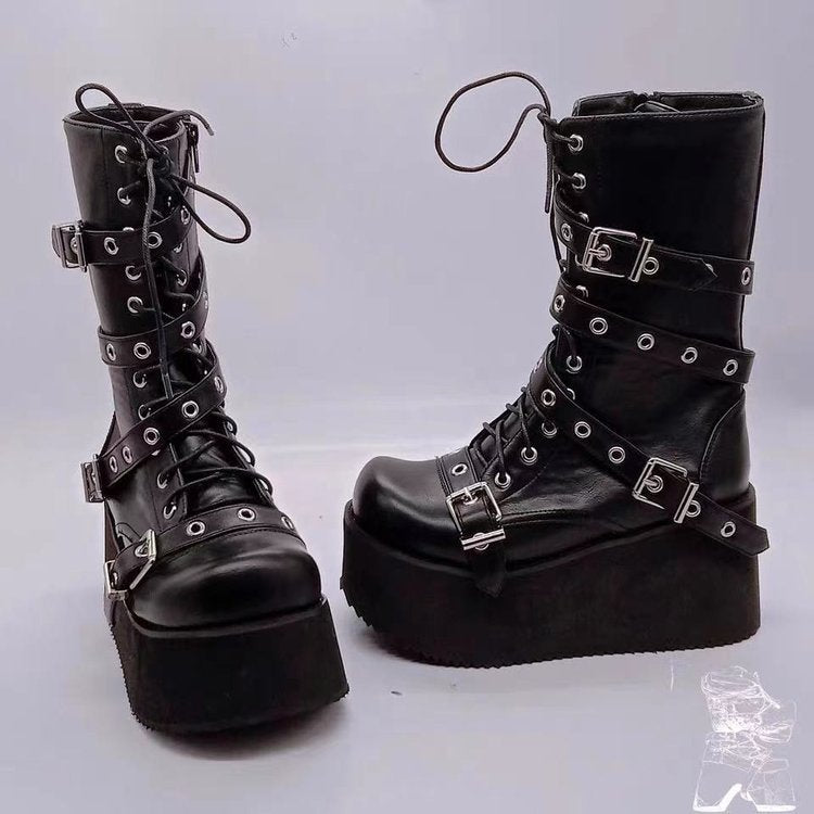 Damen Plateau-Stiefel Robust Leder Schnalle Hochhackig