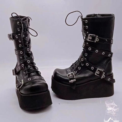 Damen Plateau-Stiefel Robust Leder Schnalle Hochhackig