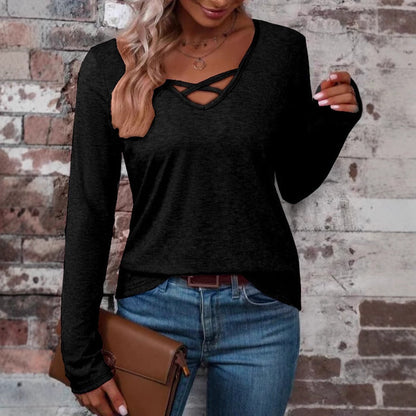 Damen Shirt Langarm Kreuzausschnitt Elegantes Oberteil