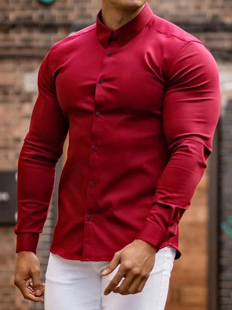 Herren Langarmhemd Slim Fit Modern mit Stehkragen und Metallknöpfen