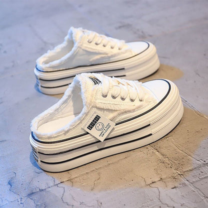 Damen Sneaker Plüsch Plattform Sportschuh Schwarz