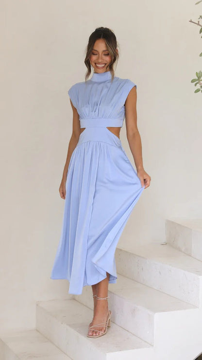Damen Maxikleid Stehkragen Elegant Cut Out Damenkleid