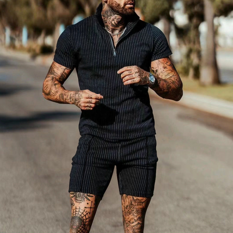 Herren Jumpsuit Kurzarm Modern Gestreift Reißverschluss - BerlinGlamour
