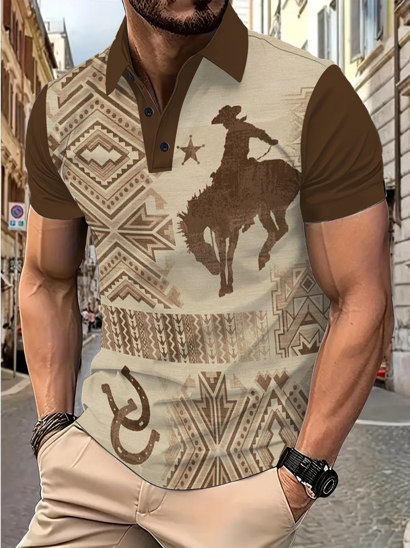Herren Poloshirt Modern mit Cowboy Motiv und Geometrischem Design