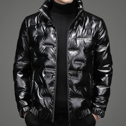 Herren Steppjacke Glänzend Hochschließend Schwarz