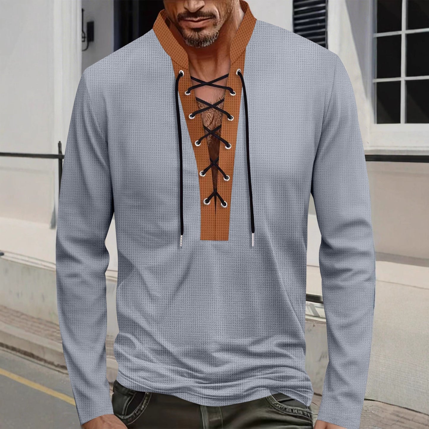 Herren T-Shirt Langarm Modern Schnürung Melange Look