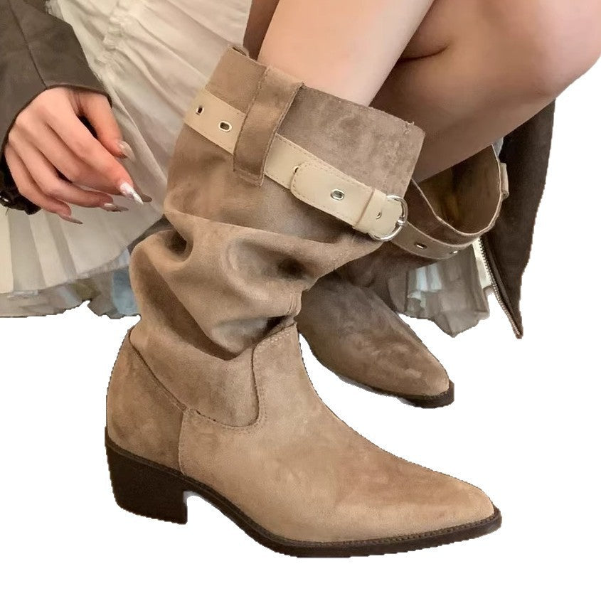 Damen Stiefel Wildleder Rustikal mit Falten-Design