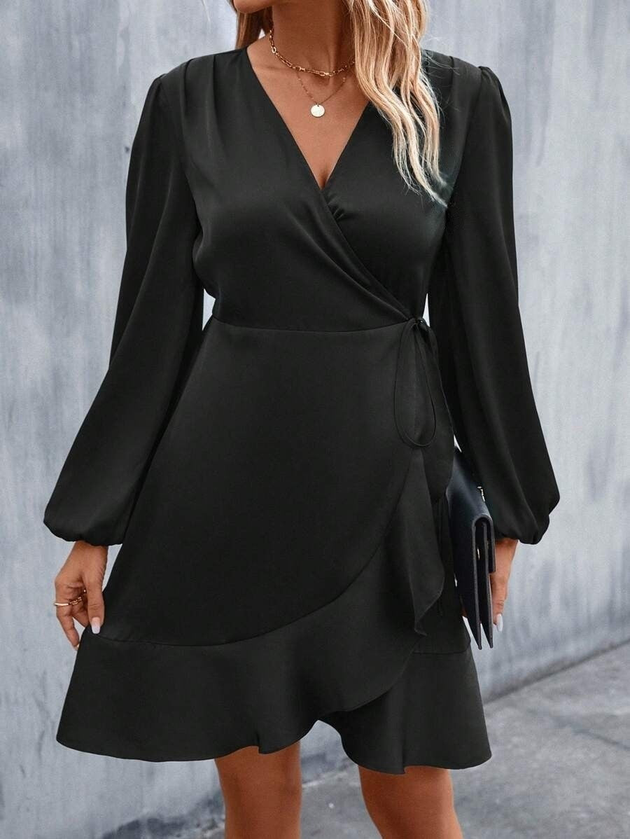 Satin Kleid V-Ausschnitt Lässig Midi Damenkleid Elegant