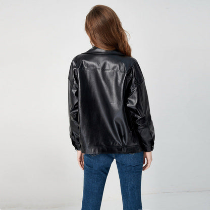 Ledermantel Damen Bikerjacke Kunstleder Schwarz