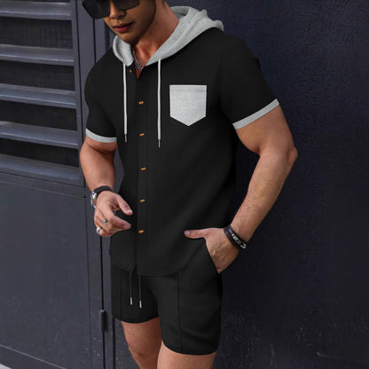 Herren Kurzarm-Hemd mit Shorts und Kapuze Sommer - BerlinGlamour