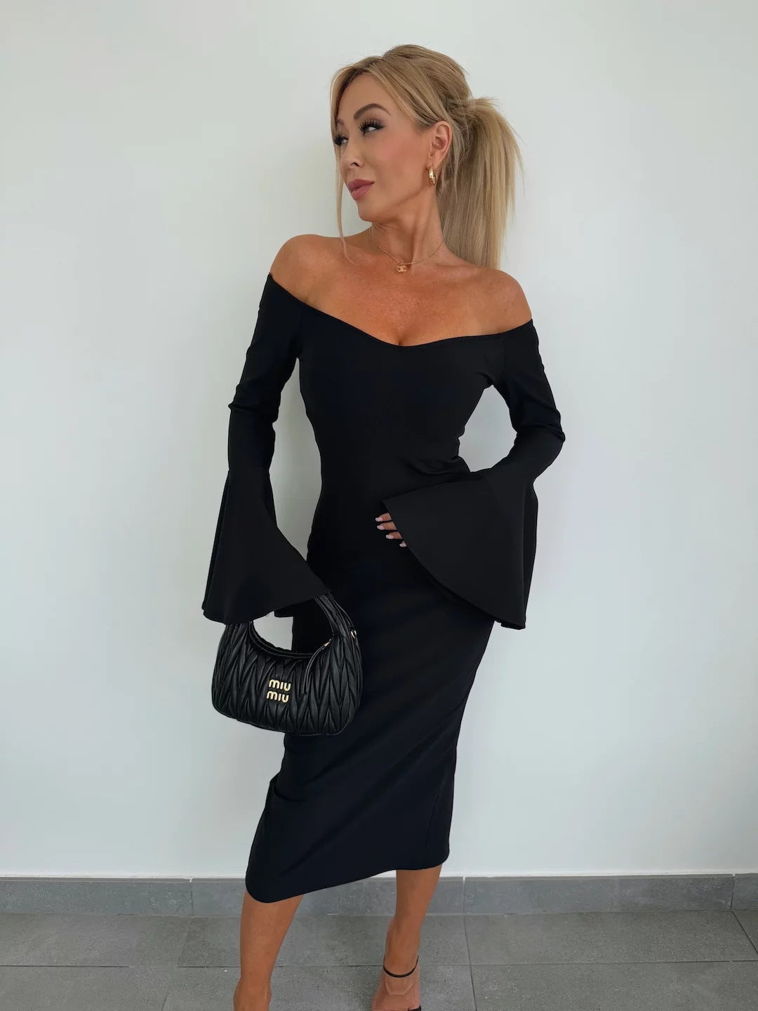 Frauen Wickelkleid Schulterfrei Elegant Kurvig