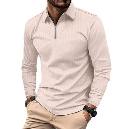 Herren Langarmshirt Elegant Mit Reißverschluss Fein Gestreift