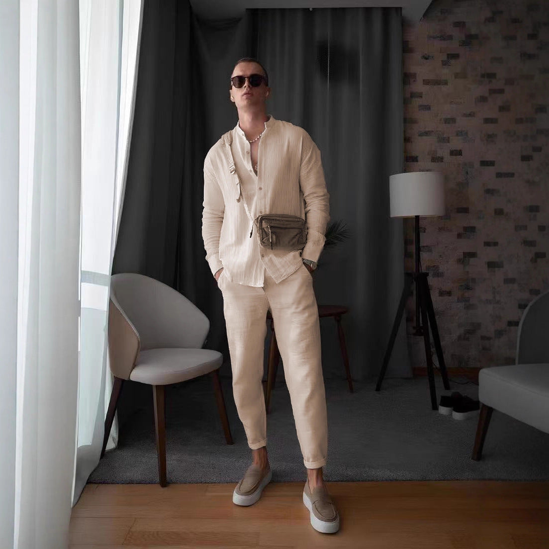 Herren Langarmhemd Elegantes Strukturiertes Design Knöpfe