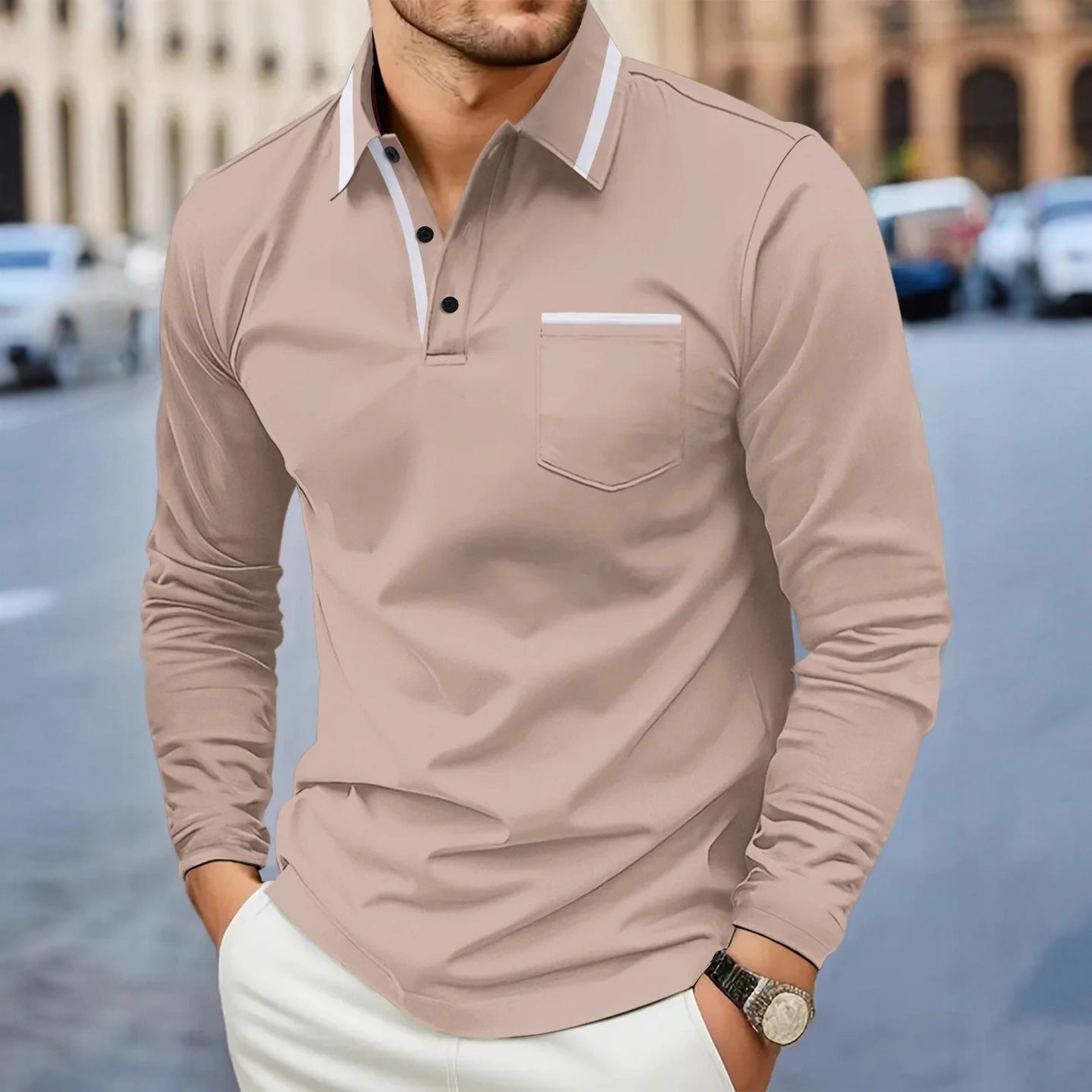 Herren Polohemd Langarm Modern Kontrastkragen Slimfit