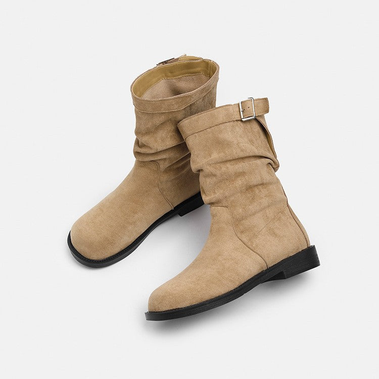 Damen Stiefel Mit Schnalle Und Falten Design