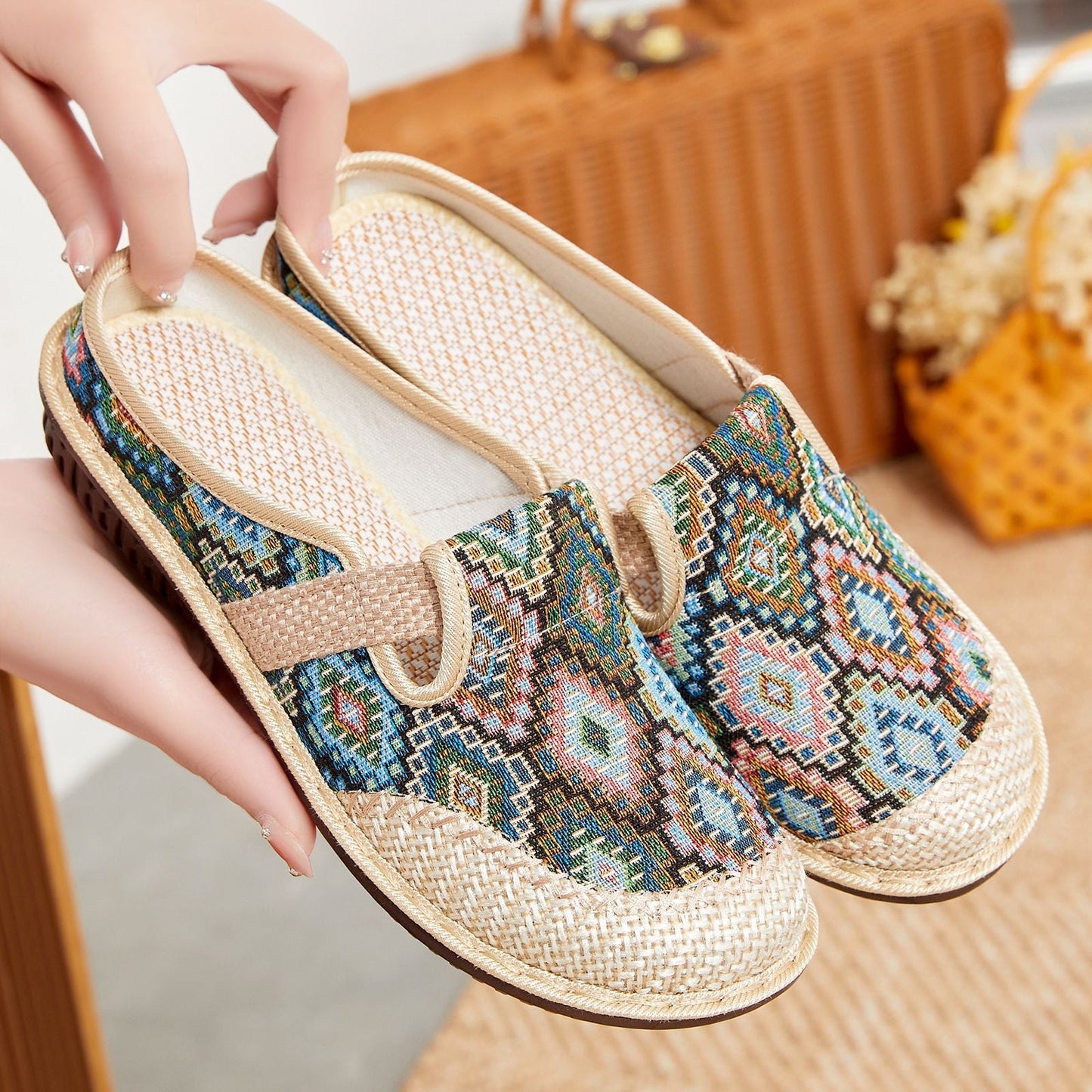 Damen Pantoletten Bequem mit Muster Warm