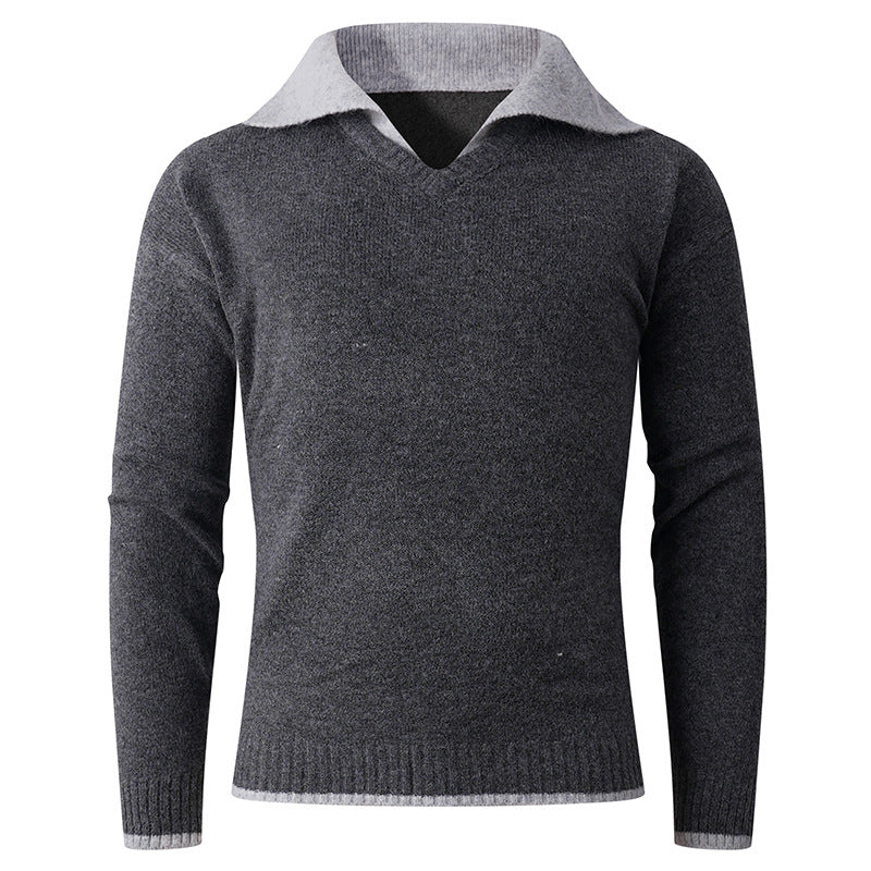 Herren Pullover V-Ausschnitt Eleganter Kontrastkragen Modern