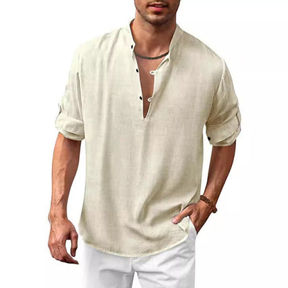 Herren Hemd Modern Stehkragen Knopfleiste Slim Fit