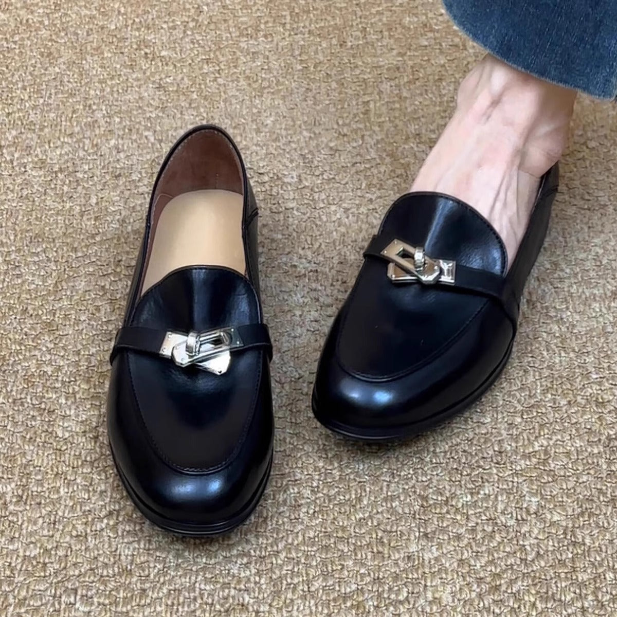 Damen Loafers Leder Elegante Schnalle Schwarz