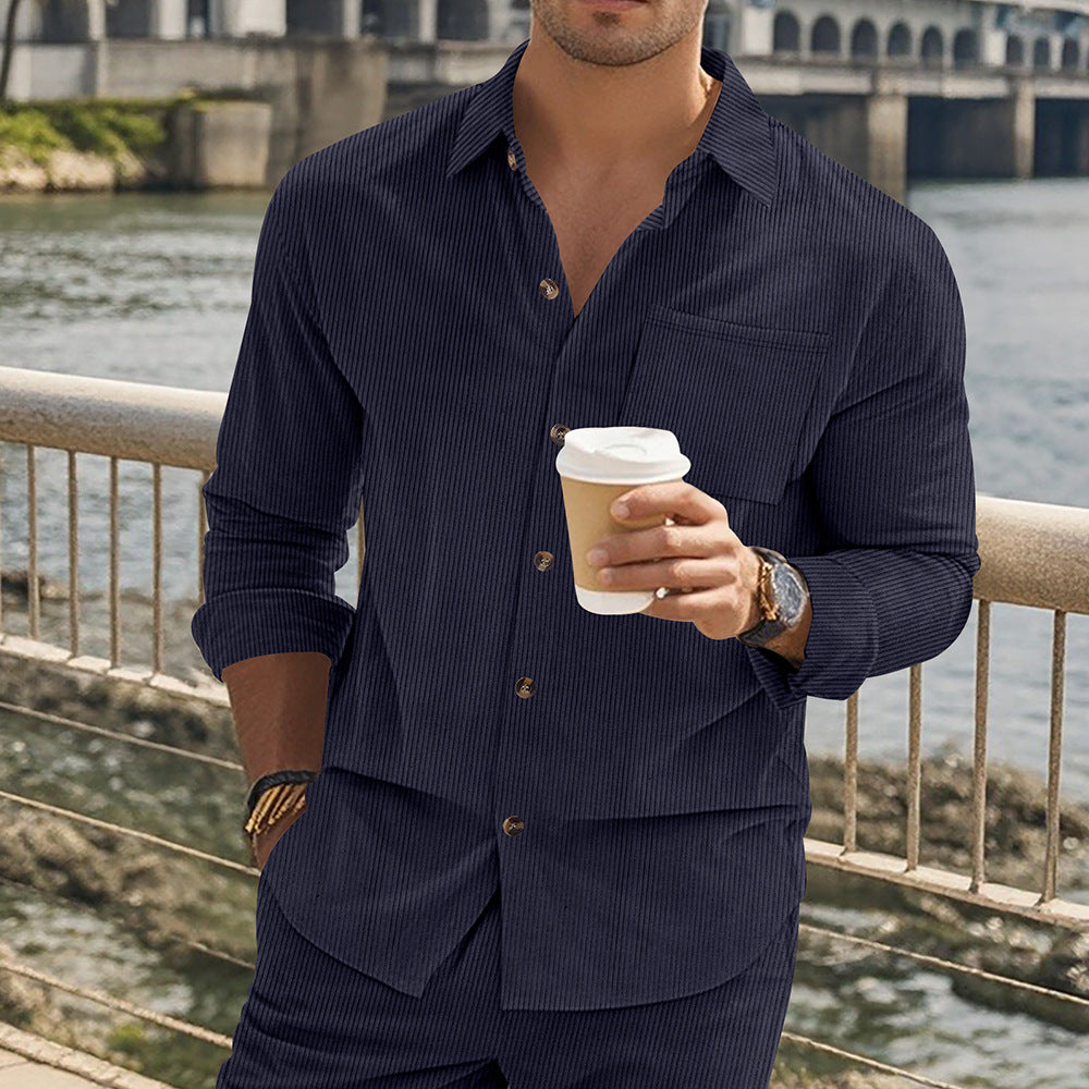 Herren Langarmshirt Streifen Stehkragen mit Brusttasche Modern