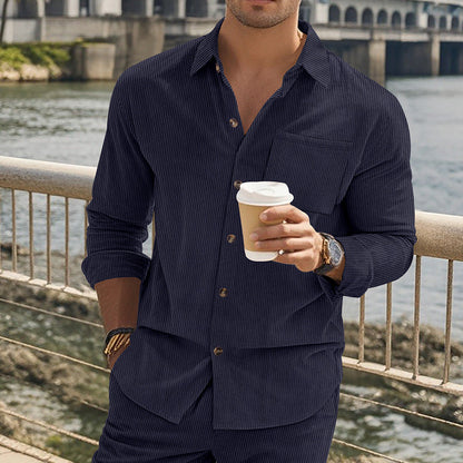 Herren Langarmshirt Streifen Stehkragen mit Brusttasche Modern