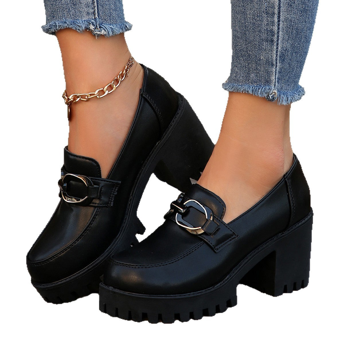 Damen Blockabsatz Schuhe Hoch Modisch Schnalle