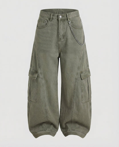 Weite Damen Cargo-Hose mit niedrigem Bund und großen Taschen
